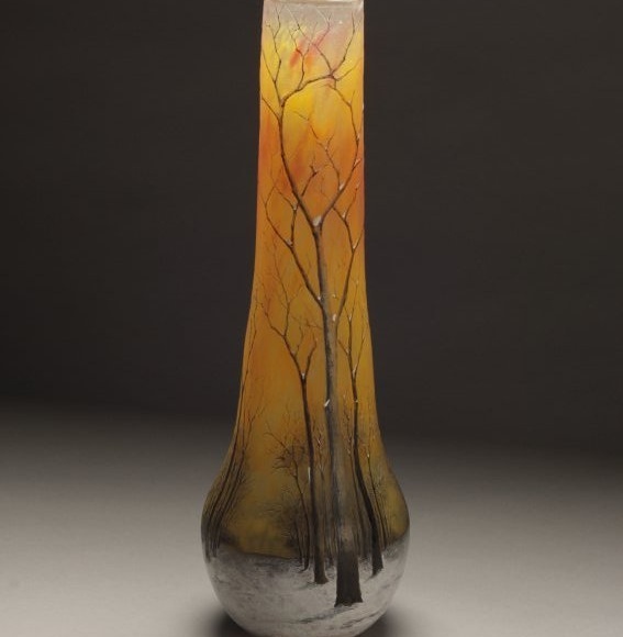 20161119 Daum Frères, Winter Scene, c. 1900. Acid-etched enameled glass.