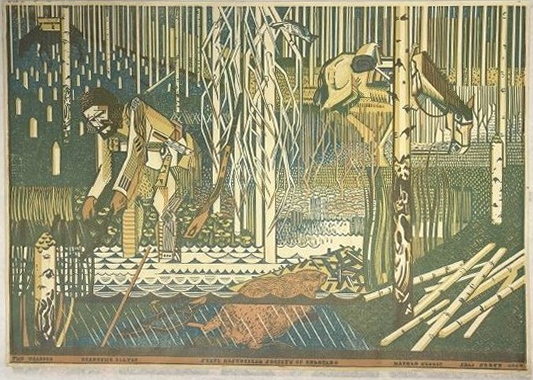 DU-Beaver Harold Keeler, The Trapper, Trapping Beaver, c. 1936, woodblock print. 2024.21.7