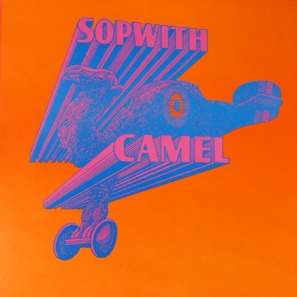 201456 (1) Bright orange poster with blue and pink text and illustrations. The name "Sopwith" and "Camel" make up the wings of the biplane at center, and the body of the aircraft features a camel's head. Information about the concerts is at the bottom of the poster.